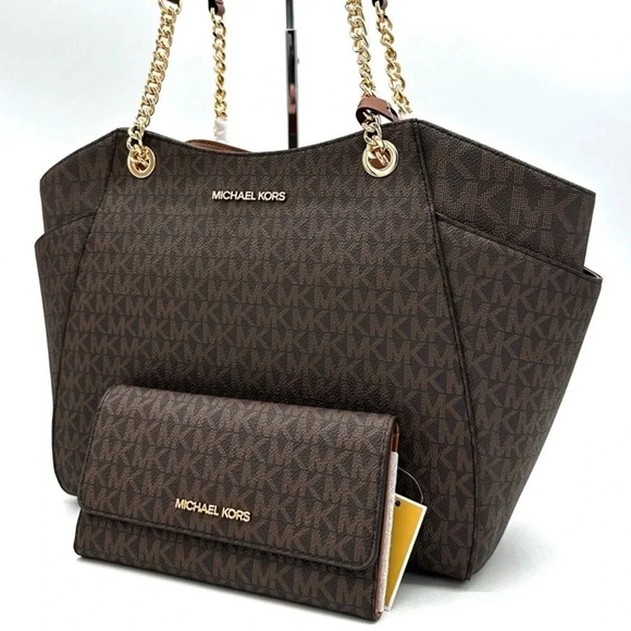 Michael Kors Large Jet Set Travel Chain Shoulder Bag & Trifold Wallet Brown - Picture 2 of 14